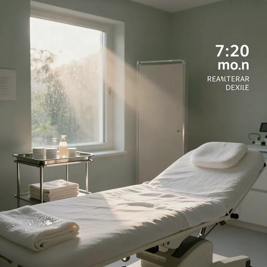 Bright dermatology room with bed, tray, linen, cream jars, and frosted doorway after rain.