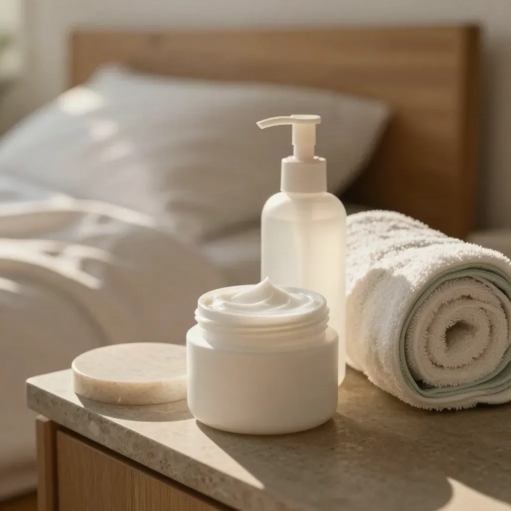 Eczema relief bedside care cluster with jar, pump bottle, towel, and stone coaster on travertine.