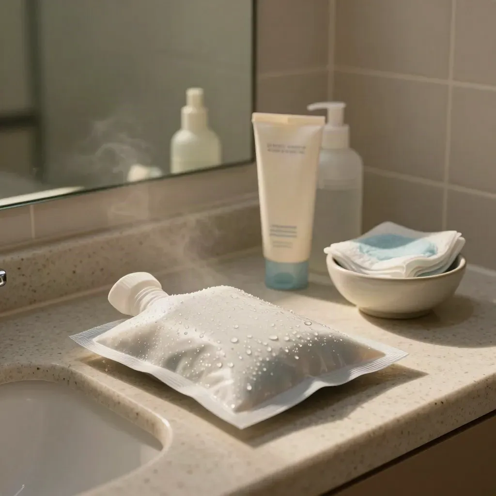 Chilled rosacea-care set with gel pack, sunscreen, ceramic bowl and mist bottle on travertine.