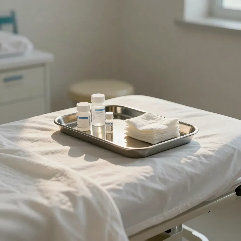 Dermatology exam bed with sample tray, cotton pack, and stool in a bright calm consultation room.