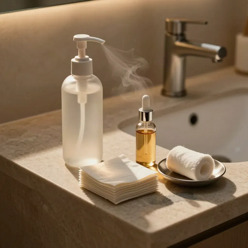 Acne treatment items arranged beside a sink in warm natural light.