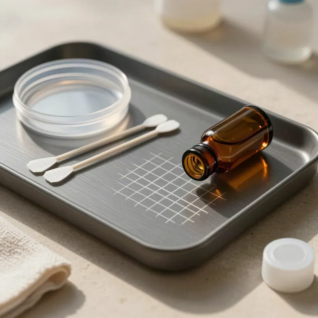 Diagnostic skin-check toolkit on stone with swabs, sealed dish, and amber bottle.