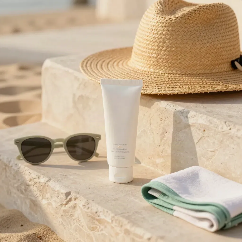 SPF tube, straw hat, sunglasses and towel on a sunlit stone ledge, warm protective lifestyle scene.