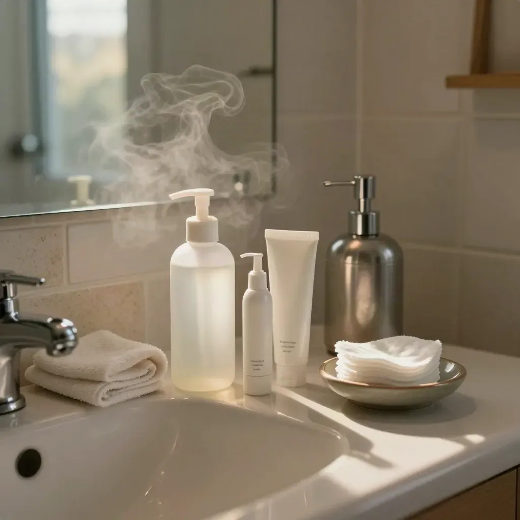Teen acne routine items neatly reset on a pale sink ledge with steam and soft daylight.
