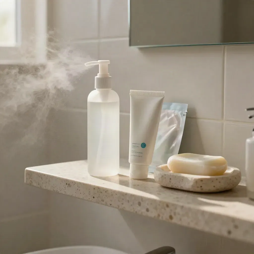 Rosacea care shelf with mist, sunscreen, gel pack and stone soap dish in a bright bathroom.