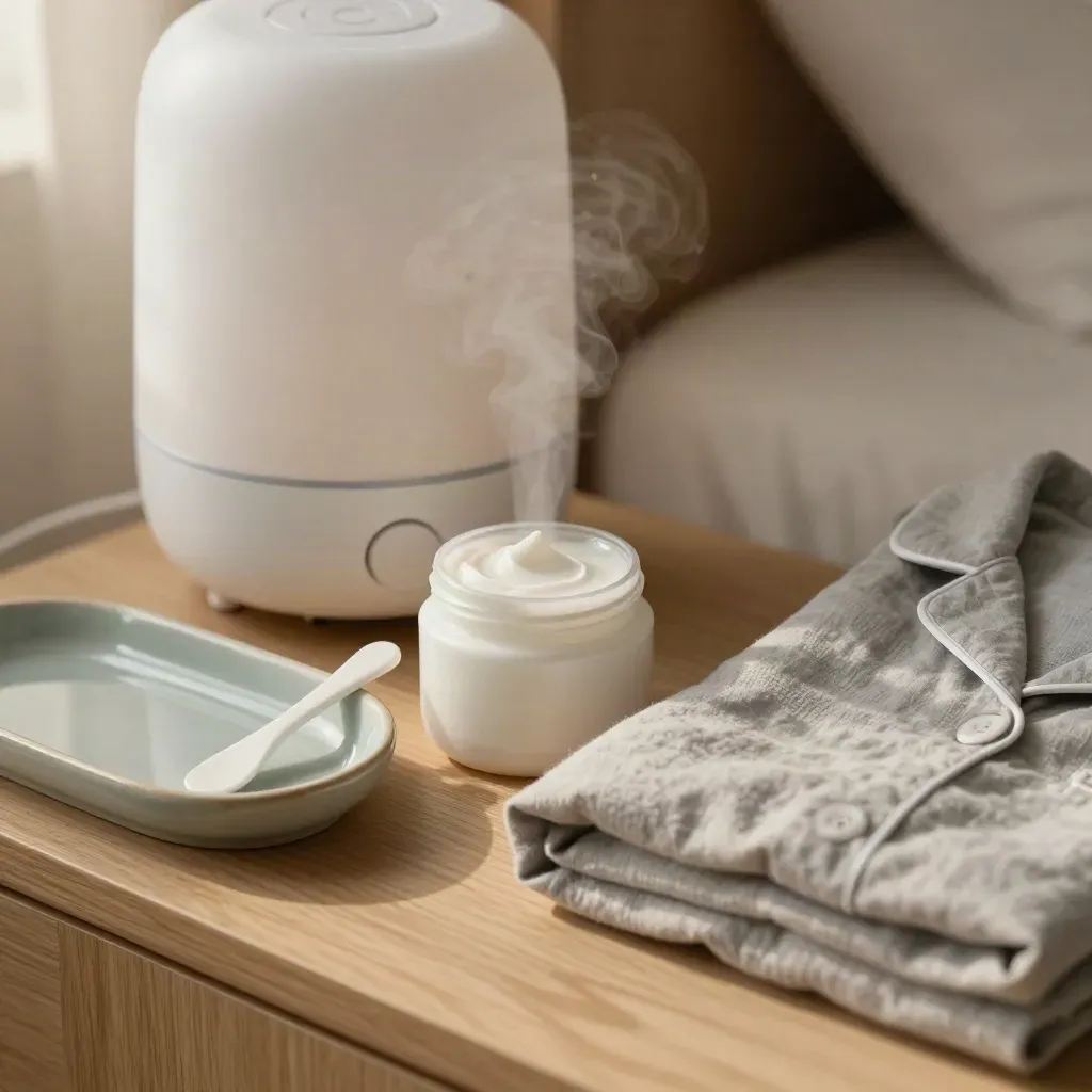 Macro bedside eczema kit with humidifier mist, cream jar, folded pyjamas and ceramic tray.