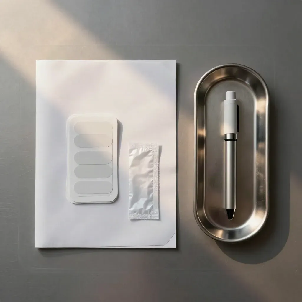 Top-down clinic aftercare kit with folder, swabs, tabs and penlight on pewter steel.