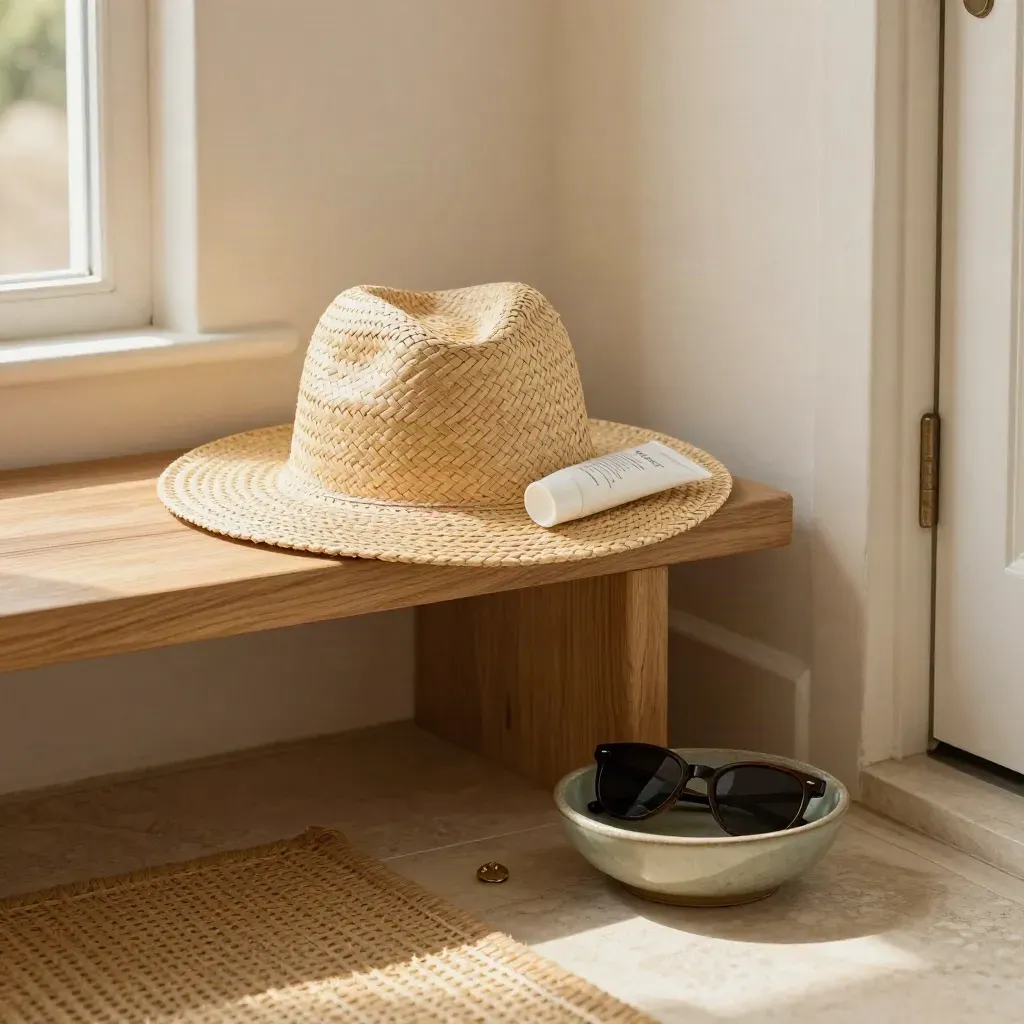 Entryway SPF corner with hat, sunglasses, and key bowl in bright airy daylight.
