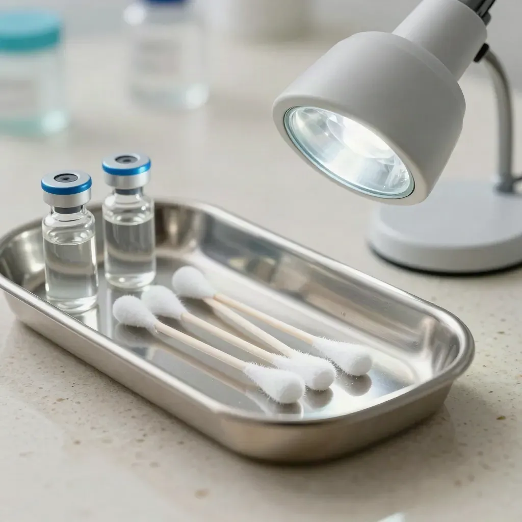 Dermatology tools on travertine: tray, vials, swabs, and exam lamp head.