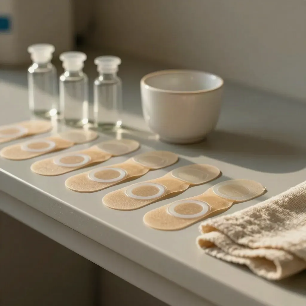 Patch-test discs, glass vials, ceramic cup, and linen cloth on a pale shelf.