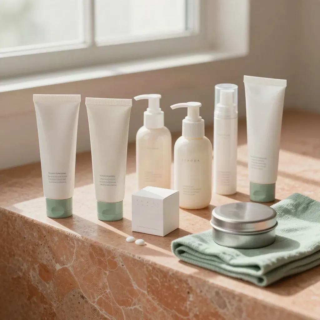 Skincare tubes, pumps, blank cube, and sealed tin arranged neatly on a terracotta ledge.