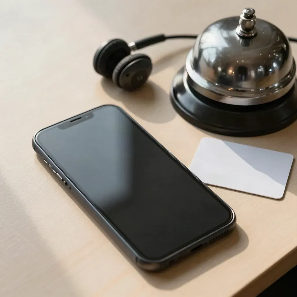 Overhead booking still life with phone, headset, bell and blank token on pale wood.