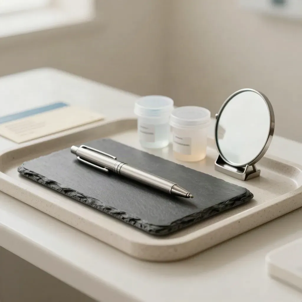 Tablet, penlight, mirror, and sample pots on a pale tray in a calm clinic still life.