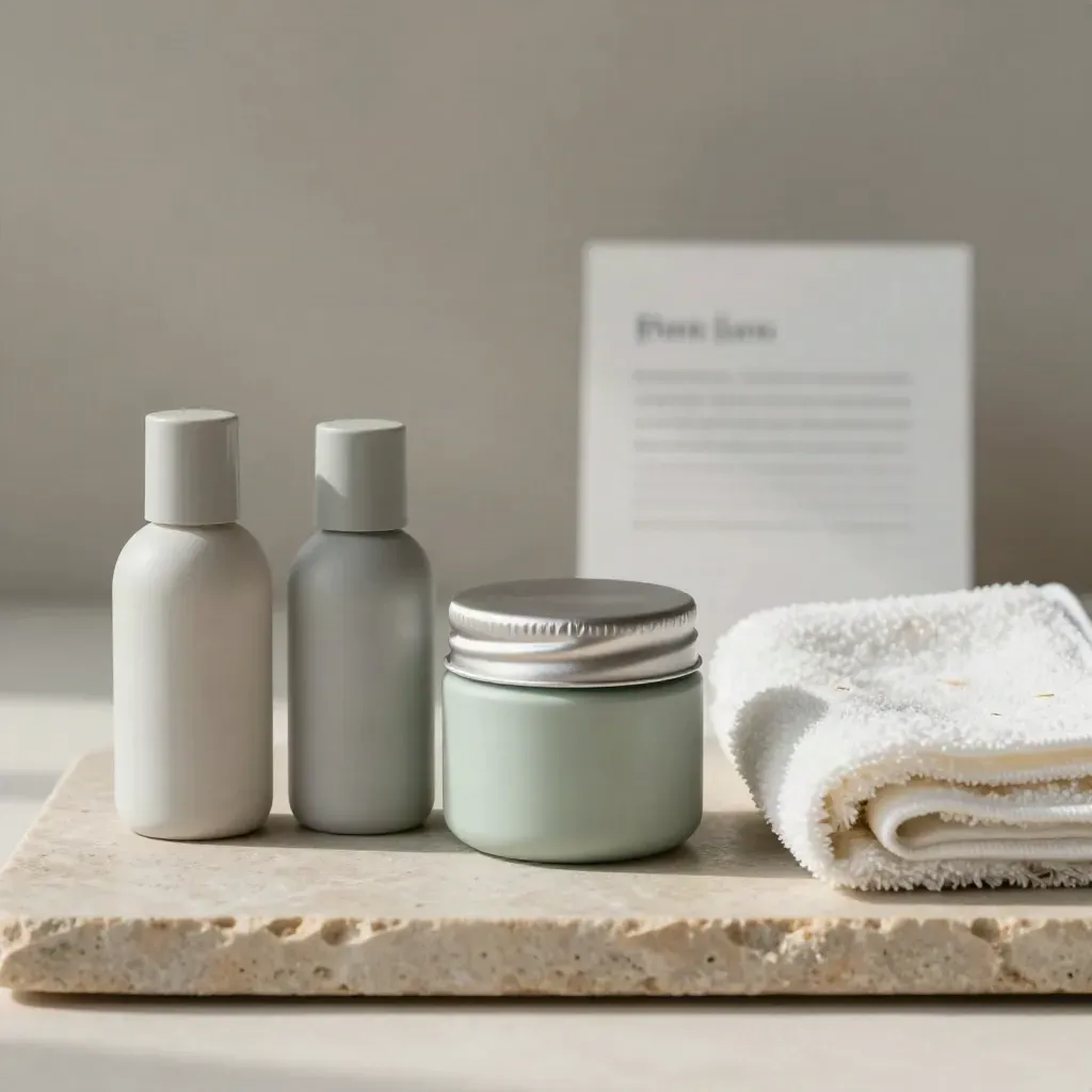 Top-down care bottles, ointment jar and folded towel on a pale ceramic slab.