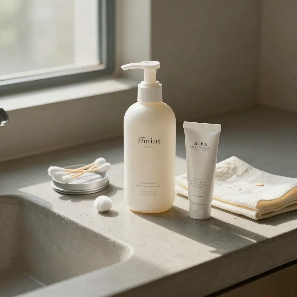 Moisturizer, sunscreen, swab tin, timer, and cloth on a concrete vanity in soft daylight