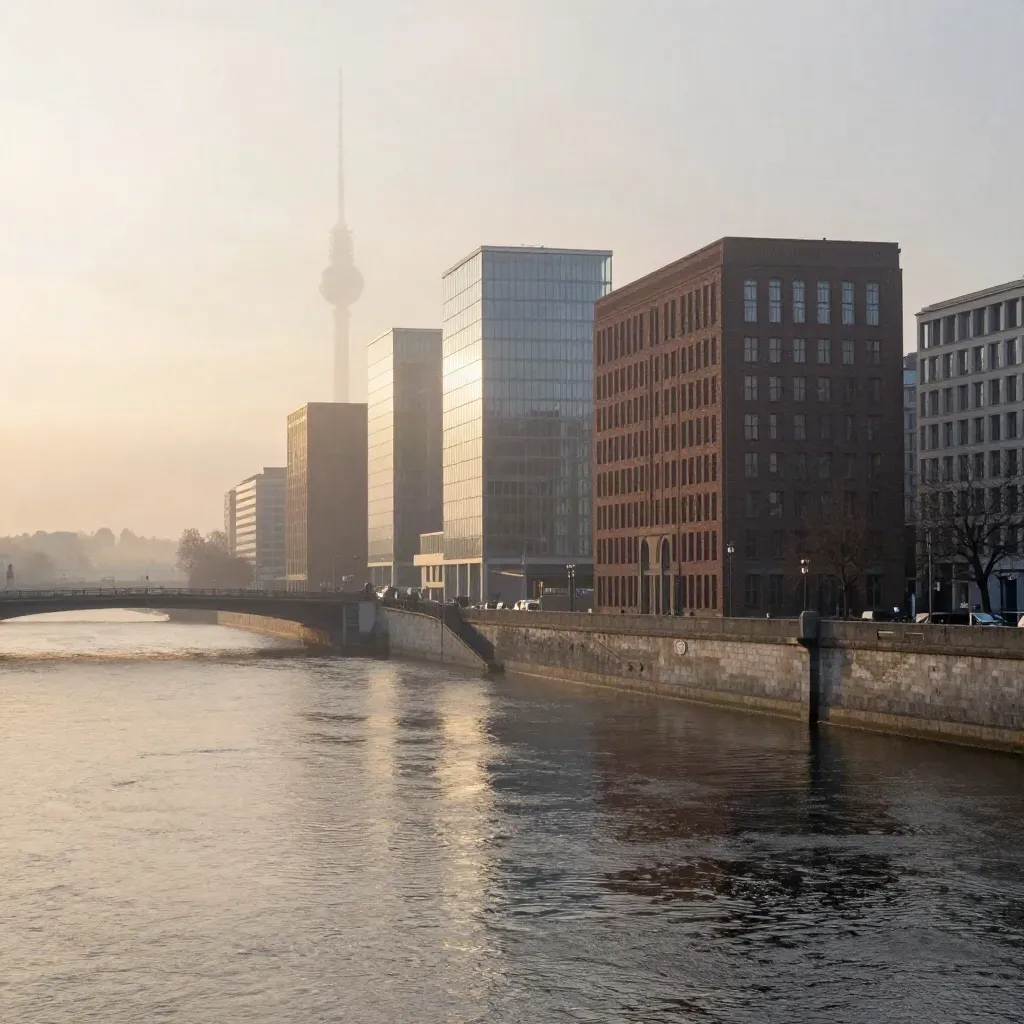 Berlin Spree at dawn with the Fernsehturm high in mist above calm river water