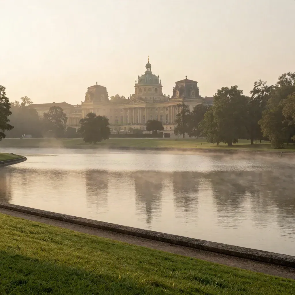 Potsdam Sanssouci rooflines over misty water and lawns at golden hour