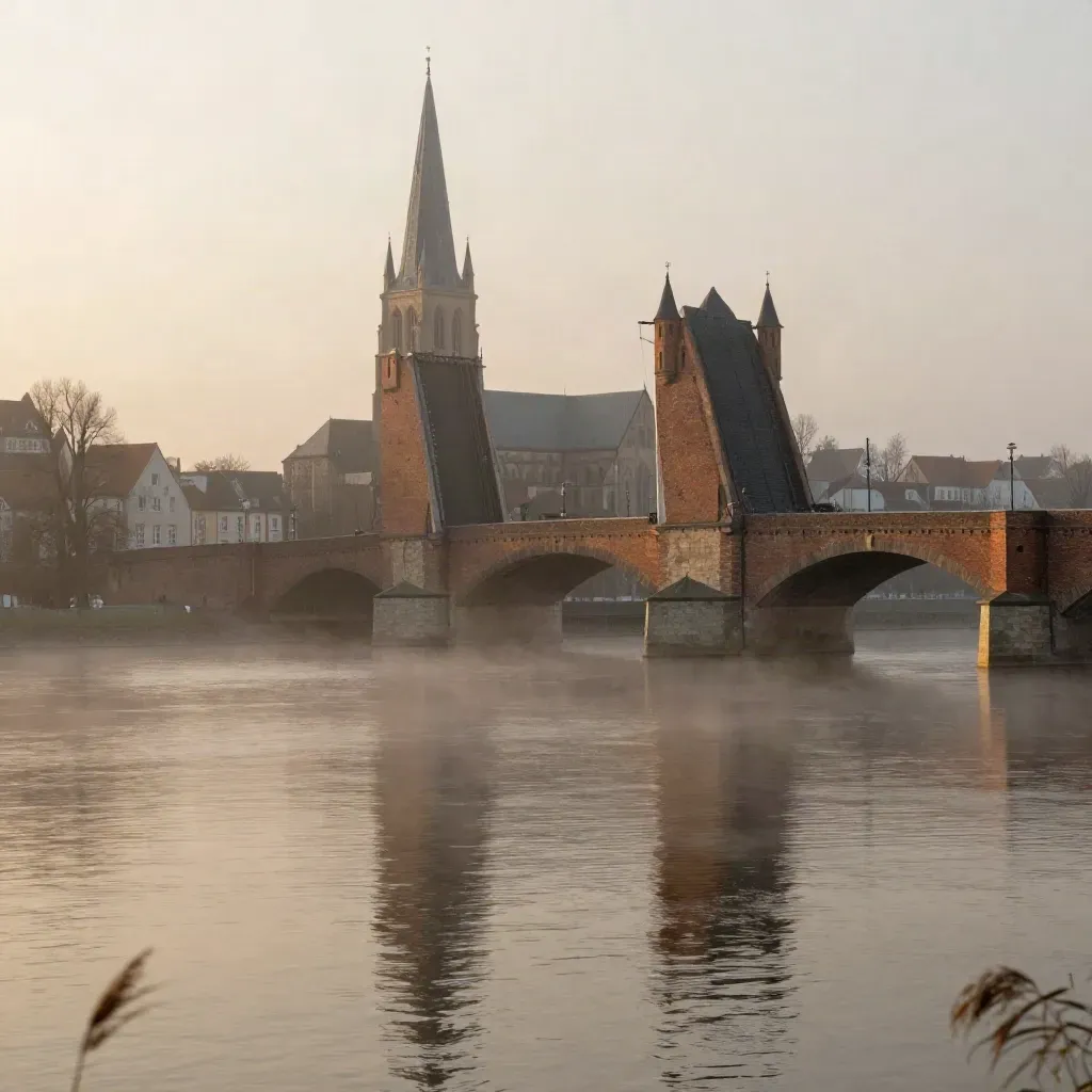 Hazy river view of Brandenburg spires and a brick bridge reflected in calm water.