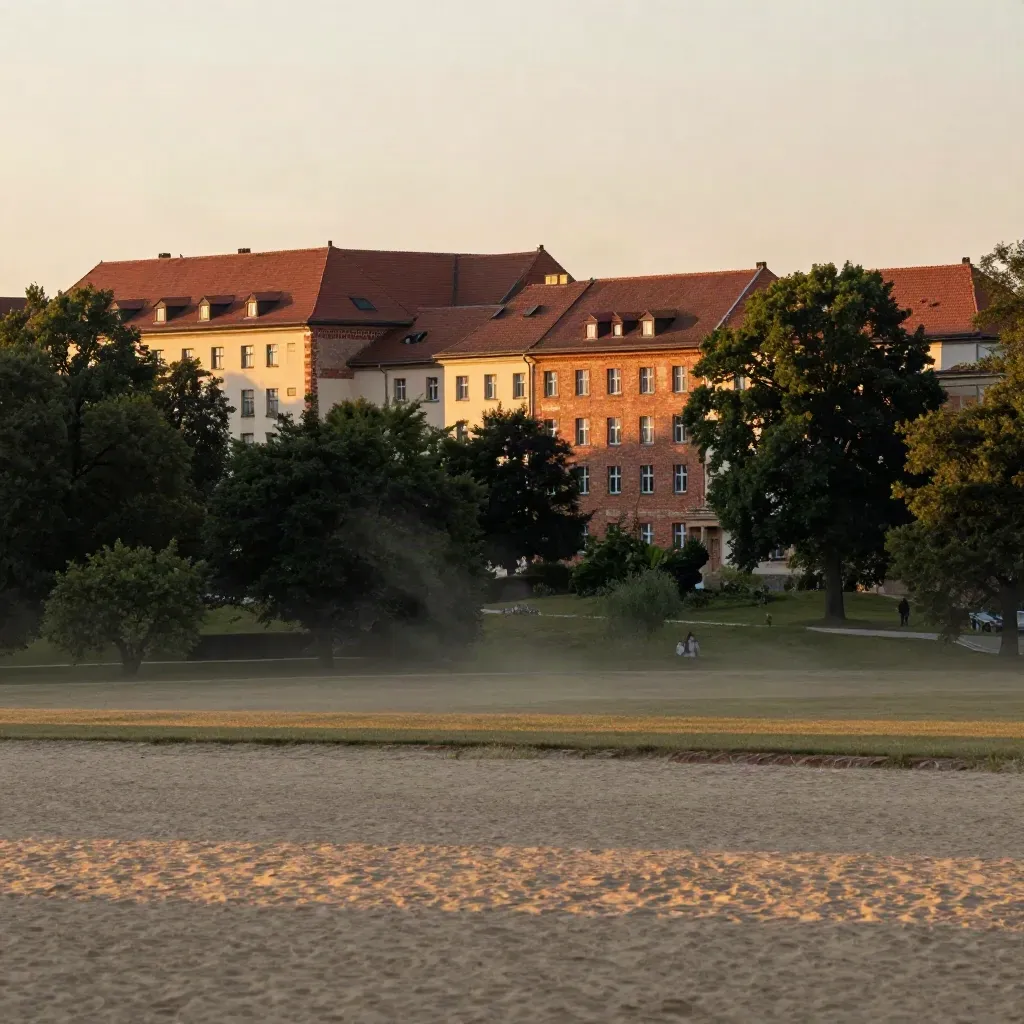 Cottbus rooftops and parkland in warm haze with open space below