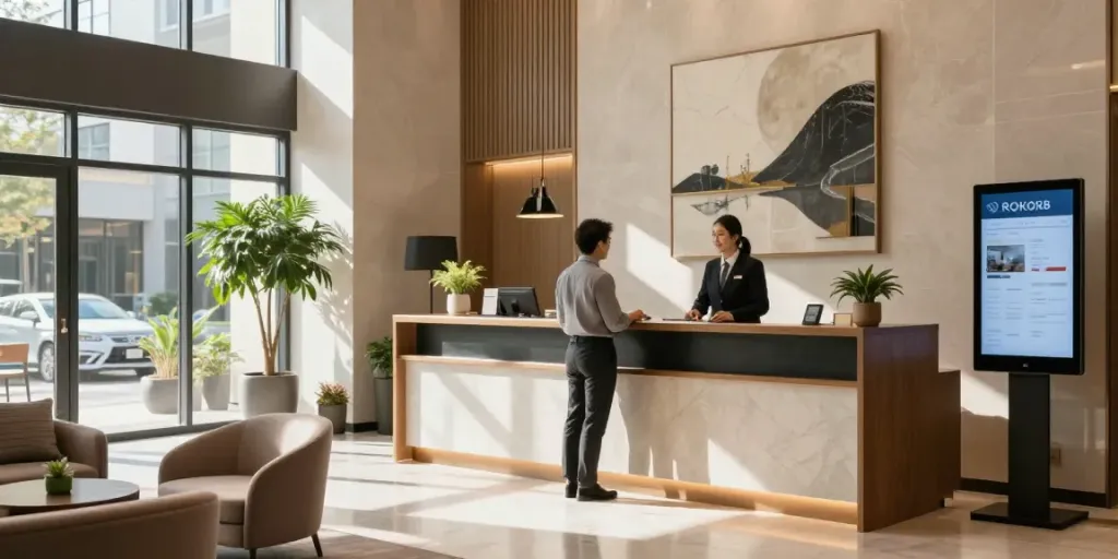 Hotel lobby at ROKOK88 with welcoming atmosphere and friendly staff.