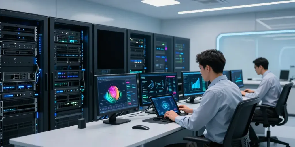 Technician reviewing the rokok88 link network performance in a high-tech data center.